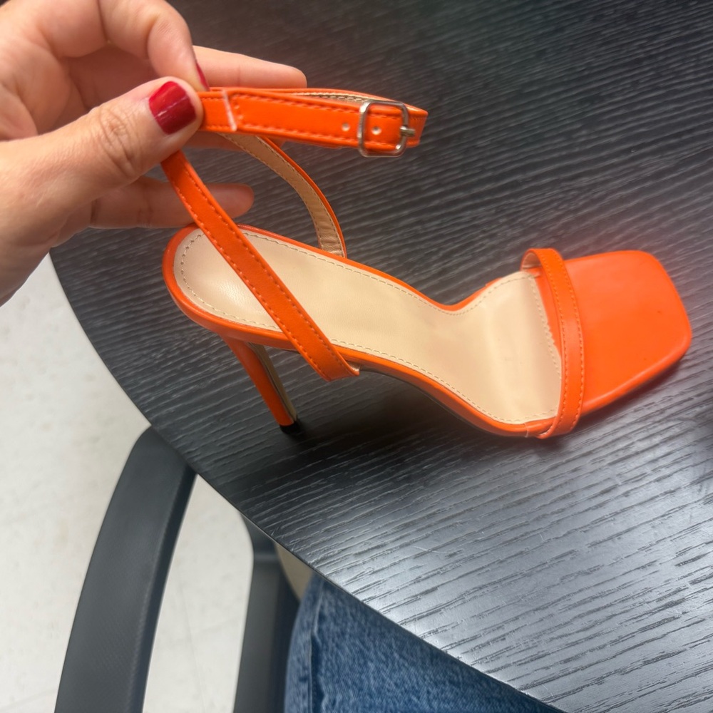 Women's Orange Ankle-Strap Square-Toe Heels
